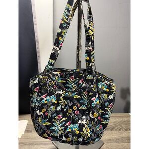 Vera Bradley Quilted Tote Bag Black Floral Garden Animals Deer Birds Butterflies